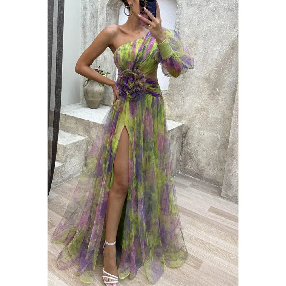 NexBuy™ Slant-Neck Mesh Split Dress