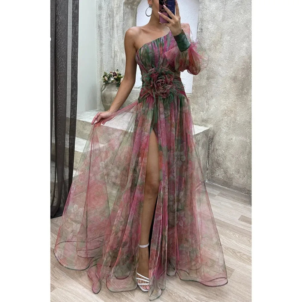 NexBuy™ Slant-Neck Mesh Split Dress