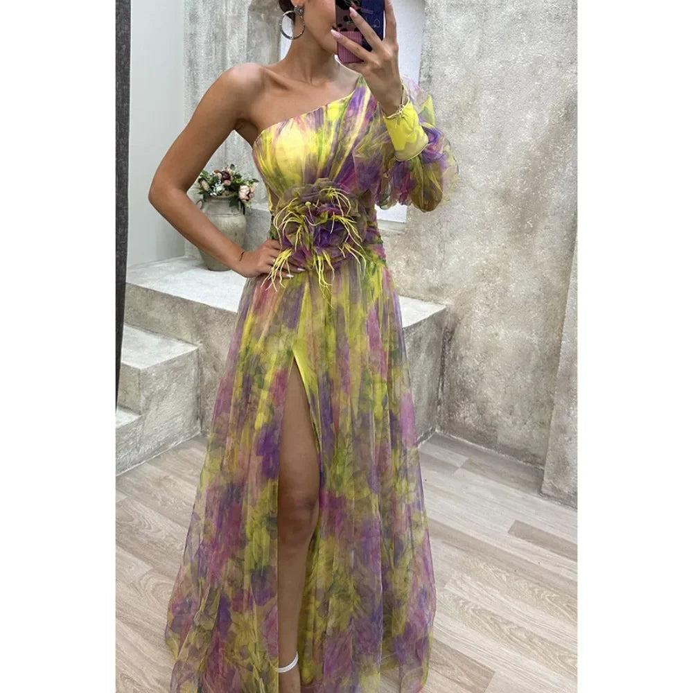 NexBuy™ Slant-Neck Mesh Split Dress