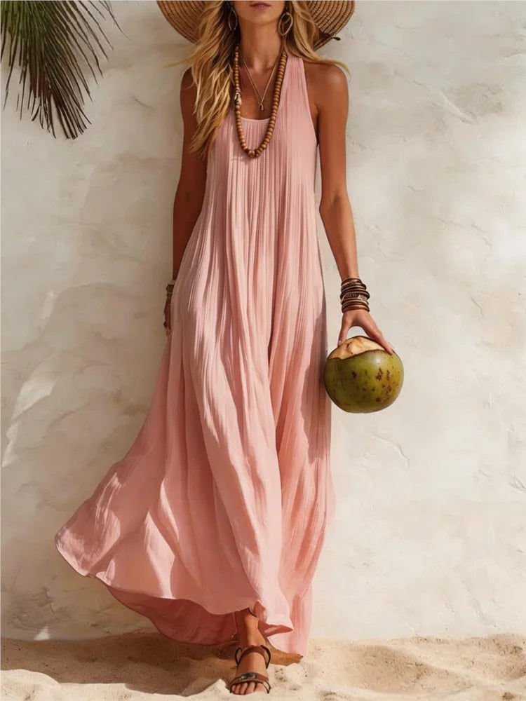 NexBuy™ Cotton-Linen Resort Vest Dress